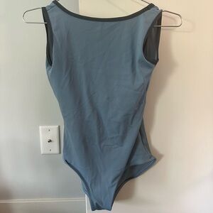 Yumiko Sleeveless Sofiane Leotard in Light Dusty Blue and Grey Trim, Size Medium